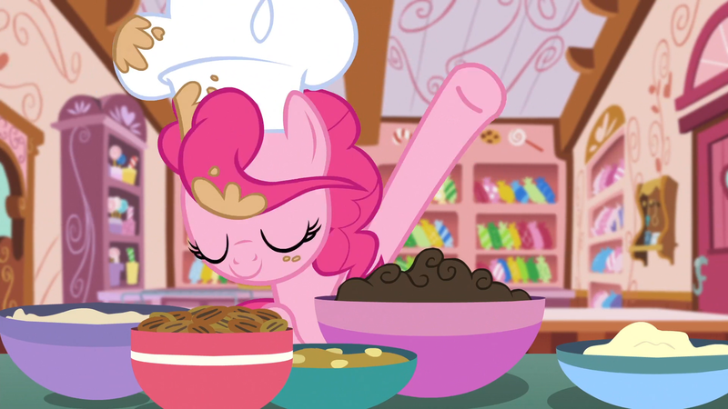 Size: 1920x1080 | Tagged: safe, derpibooru import, screencap, pinkie pie, earth pony, pony, g4, the lost treasure of griffonstone, batter, bowl, chef's hat, food, hat, image, indoors, kitchen, png, solo, sugarcube corner