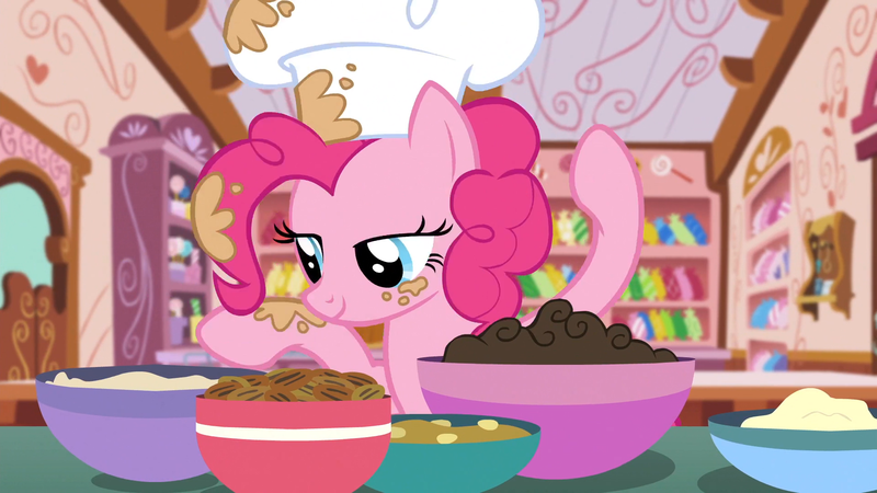 Size: 1920x1080 | Tagged: safe, derpibooru import, screencap, pinkie pie, earth pony, pony, g4, the lost treasure of griffonstone, batter, bowl, chef's hat, food, hat, image, indoors, kitchen, png, solo, sugarcube corner