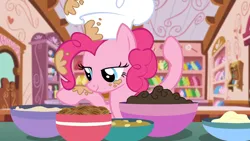 Size: 1920x1080 | Tagged: safe, derpibooru import, screencap, pinkie pie, earth pony, pony, g4, the lost treasure of griffonstone, batter, bowl, chef's hat, food, hat, image, indoors, kitchen, png, solo, sugarcube corner