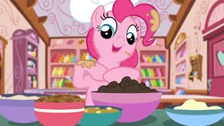 Size: 1920x1080 | Tagged: safe, derpibooru import, screencap, pinkie pie, earth pony, pony, g4, the lost treasure of griffonstone, batter, bowl, chef's hat, food, hat, image, indoors, kitchen, png, solo, sugarcube corner