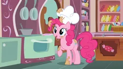 Size: 1920x1080 | Tagged: safe, derpibooru import, screencap, pinkie pie, earth pony, pony, g4, the lost treasure of griffonstone, batter, chef's hat, food, hat, image, indoors, kitchen, oven, pan, png, solo, sugarcube corner