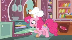 Size: 1920x1080 | Tagged: safe, derpibooru import, screencap, pinkie pie, earth pony, pony, g4, the lost treasure of griffonstone, batter, chef's hat, food, hat, image, indoors, kitchen, oven, pan, png, solo, sugarcube corner