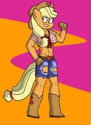 Size: 1100x1500 | Tagged: safe, artist:chibitaylor, derpibooru import, applejack, anthro, earth pony, g4, applejack's hat, belly, belly button, boots, breasts, cleavage, clothes, cowboy hat, cutie mark, cutie mark on clothes, female, flexing, freckles, hat, image, midriff, png, ripped shorts, shoes, short shirt, shorts, solo, tail, torn clothes