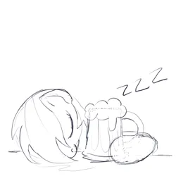 Size: 2100x2100 | Tagged: safe, artist:aprilfools, ponerpics import, rainbow dash, pegasus, pony, alcohol, cider, drunk, female, image, jpeg, mare, messy lines, monochrome, onomatopoeia, passed out, simple background, sketch, sleeping, solo, sound effects, stein, wasted, white background, zzz