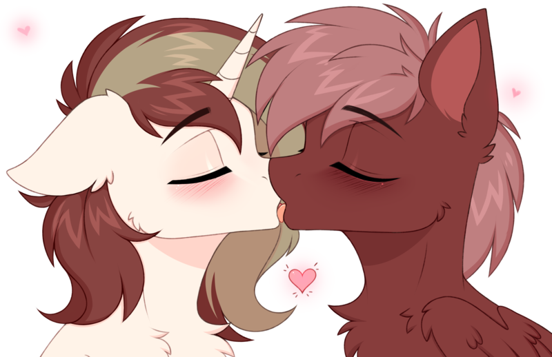 Size: 4635x3000 | Tagged: safe, artist:pesty_skillengton, derpibooru import, oc, unofficial characters only, pegasus, pony, unicorn, blushing, bust, gay, horn, image, kissing, male, png, portrait, stallion, wings