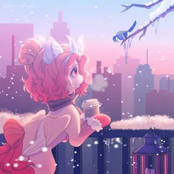 Size: 2000x2000 | Tagged: safe, artist:ksoreek, derpibooru import, oc, unofficial characters only, bird, blue jay, pegasus, pony, balcony, city, cityscape, clothes, coffee cup, commission, cup, female, icicle, image, jpeg, lantern, mare, mittens, scarf, snow, snowfall