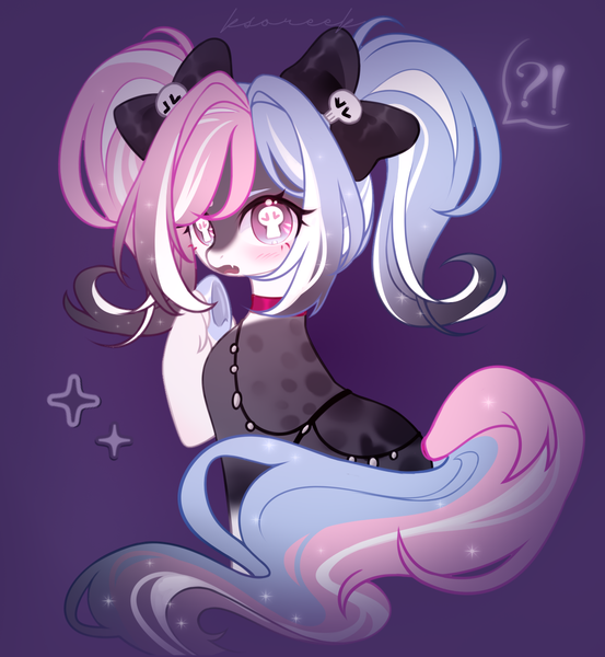 Size: 1270x1378 | Tagged: safe, artist:ksoreek, derpibooru import, oc, unofficial characters only, earth pony, pony, blushing, bow, commission, exclamation point, female, hair bow, image, interrobang, mare, pigtails, png, question mark, skull, speech bubble, twintails, unshorn fetlocks, unusual pupils