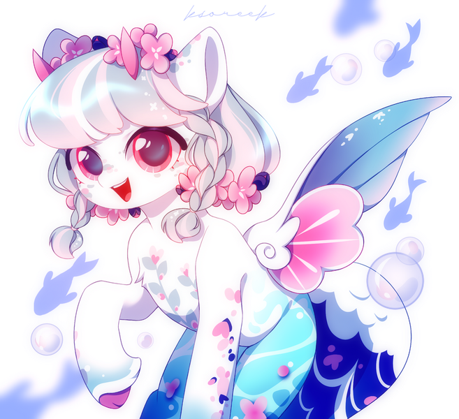 Size: 1280x1169 | Tagged: safe, artist:ksoreek, derpibooru import, oc, unofficial characters only, fish, merpony, pony, bubble, commission, cute, female, fins, flower, flower in hair, image, mare, ocbetes, png, pretty, solo, spread wings, wings