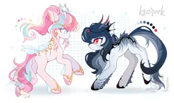 Size: 1280x756 | Tagged: safe, artist:ksoreek, derpibooru import, oc, unofficial characters only, merpony, pony, adoptable, arched back, behaving like a cat, duo, ear piercing, earring, female, fin ears, headpiece, hoof shoes, horn, horn jewelry, horns, image, jewelry, mare, piercing, png, reference sheet, slit pupils