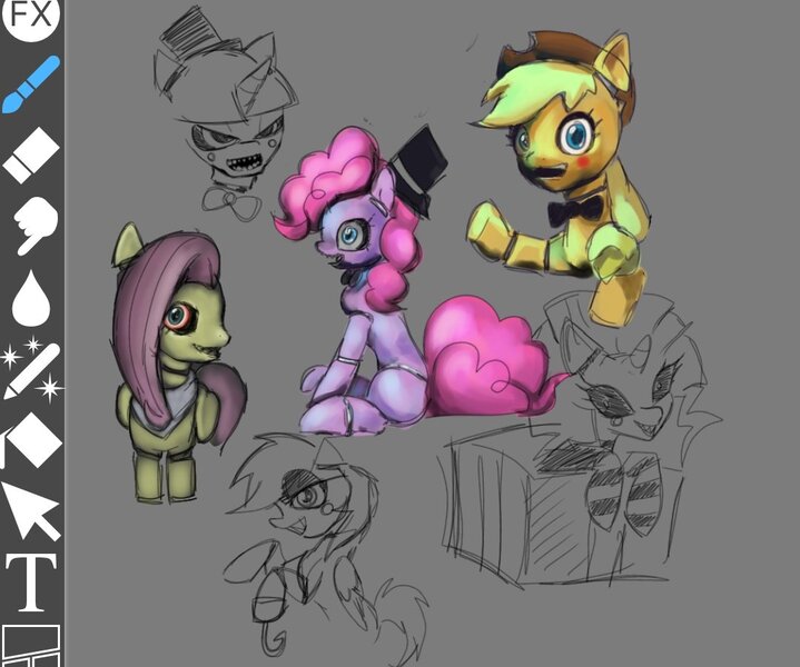 Size: 1080x901 | Tagged: safe, artist:grim_the_end, derpibooru import, applejack, fluttershy, pinkie pie, pony, animatronic, art program in frame, clothes, cosplay, costume, female, five nights at freddy's, ibispaint x, image, jpeg, mare, sketch