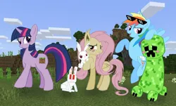 Size: 1410x849 | Tagged: safe, artist:grim_the_end, derpibooru import, angel bunny, fluttershy, rainbow dash, twilight sparkle, bat pony, pony, rabbit, unicorn, animal, bat ponified, creeper, female, flutterbat, grass, group, image, jpeg, mare, minecraft, race swap, sky, sunglasses, sunglasses on head, unicorn twilight