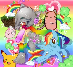 Size: 2048x1863 | Tagged: safe, artist:grim_the_end, derpibooru import, rainbow dash, anthro, cat, pegasus, pikachu, pony, food, group, image, jpeg, minecraft, nyan cat, open mouth, open smile, pokémon, potato, rainbow, rainbow background, smiling, surprised pikachu