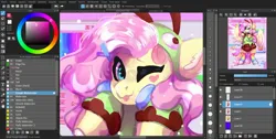 Size: 1920x967 | Tagged: safe, artist:13blackcrows, derpibooru import, fluttershy, pegasus, pony, g4, antonymph, art program in frame, clothes, female, fluttgirshy, gir, hoodie, image, invader zim, jpeg, mare, medibang paint, one eye closed, socks, solo, spread wings, tongue out, vylet pony, wings, wink, wip