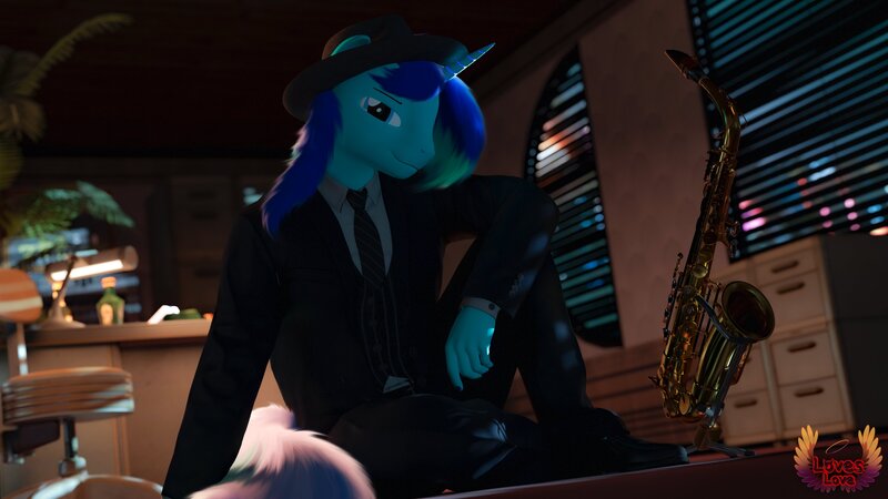 Size: 3840x2160 | Tagged: safe, artist:loveslove, derpibooru import, oc, oc:rocky blues, unofficial characters only, anthro, pony, unicorn, chair, clothes, commissioner:rockatdusk, desk, fedora, file cabinet, hat, horn, image, jpeg, male, musical instrument, necktie, office, saxophone, shoes, stallion, stallion oc, suit, unicorn oc