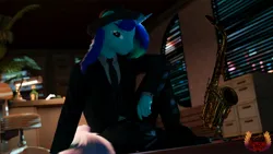 Size: 3840x2160 | Tagged: safe, artist:loveslove, derpibooru import, oc, oc:rocky blues, unofficial characters only, anthro, pony, unicorn, chair, clothes, commissioner:rockatdusk, desk, fedora, file cabinet, hat, horn, image, jpeg, male, musical instrument, necktie, office, saxophone, shoes, stallion, stallion oc, suit, unicorn oc