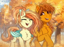 Size: 4000x2936 | Tagged: safe, artist:hakaina, derpibooru import, oc, oc:sunshine drift, oc:zip circuit, unofficial characters only, bat pony, earth pony, pony, autumn, bat pony oc, bat wings, bow, chest fluff, ear fluff, earth pony oc, eye clipping through hair, fangs, female, grass, hair bow, image, jpeg, male, mare, music notes, raised hoof, signature, singing, smiling, stallion, tongue out, tree, wings