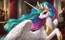 Size: 1560x968 | Tagged: safe, ai content, derpibooru import, machine learning generated, prompter:radioglitch, stable diffusion, princess celestia, alicorn, generator:pony diffusion v6 xl, image, jewelry, looking at you, png, regalia