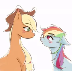 Size: 714x703 | Tagged: safe, artist:zecorhia, derpibooru import, applejack, rainbow dash, earth pony, pegasus, pony, g4, appledash, blushing, duo, eyebrows, eyebrows visible through hair, female, image, jpeg, lesbian, looking at each other, looking at someone, mare, shipping, simple background, white background