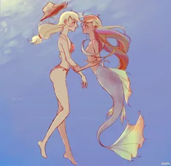 Size: 1514x1471 | Tagged: safe, artist:zecorhia, derpibooru import, applejack, rainbow dash, human, mermaid, g4, appledash, bikini, blushing, clothes, duo, female, humanized, image, jpeg, lesbian, partial nudity, shipping, species swap, swimsuit, thin, topless, underwater, water