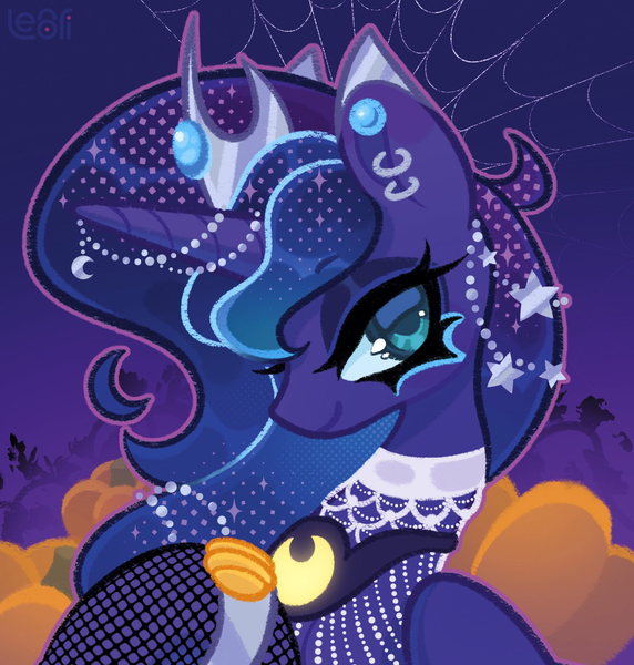 Size: 1447x1518 | Tagged: safe, artist:lenori, derpibooru import, princess luna, alicorn, pony, alternate hairstyle, bust, clothes, costume, ear piercing, earring, face paint, female, fishnet clothing, fishnets, image, jewelry, looking at you, mare, nightmare night, nightmare night costume, piercing, png, smiling, smiling at you, socks, solo, stockings, thigh highs, tiara