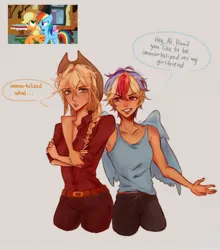 Size: 1472x1674 | Tagged: safe, artist:zecorhia, derpibooru import, applejack, rainbow dash, earth pony, human, pegasus, pony, g4, appledash, clothes, dialogue, duo, female, gray background, humanized, image, jpeg, lesbian, mare, shipping, simple background, speech bubble, tanktop, thin, winged humanization, wings