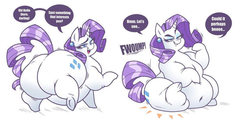 Size: 2048x1074 | Tagged: suggestive, artist:redphucksaround, derpibooru import, rarity, pony, unicorn, g4, belly, belly button, belly on floor, big belly, bingo wings, blue eyes, butt, chubby cheeks, ear piercing, earring, emanata, eyelashes, eyeshadow, fat, female, hoof on belly, hooves, horn, huge belly, huge butt, image, jewelry, jpeg, large butt, lidded eyes, looking back, makeup, obese, onomatopoeia, overweight, pear shaped, piercing, raised hoof, raised tail, raritubby, rearity, rolls of fat, shiny mane, simple background, sitting, smiling, solo, solo female, speech bubble, tail, talking to viewer, text, thighs, thunder thighs, white background, wide hips