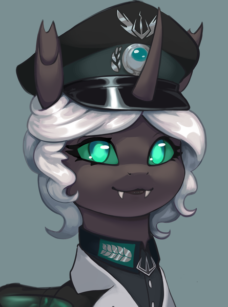 Size: 1555x2096 | Tagged: safe, artist:printik, derpibooru import, oc, unofficial characters only, changeling, changeling queen, equestria at war mod, black lipstick, bust, clothes, coat, fangs, female, gray coat, horn, image, lipstick, looking at camera, military, military pony, military uniform, png, portrait, simple background, solo, solo female, teal eyes, trident, uniform, uniform hat, white mane, wings