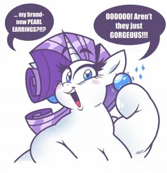 Size: 1982x2048 | Tagged: safe, artist:redphucksaround, derpibooru import, rarity, pony, unicorn, g4, bingo wings, blue eyes, blushing, chubby cheeks, ear piercing, earring, eyelashes, fat, female, hooves, horn, image, jewelry, jpeg, looking at you, obese, open mouth, open smile, overweight, piercing, raritubby, shiny mane, simple background, smiling, solo, solo female, sparkles, speech bubble, talking to viewer, text, white background