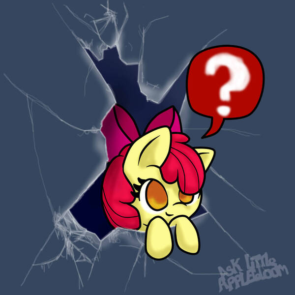 Size: 1280x1280 | Tagged: safe, artist:arielsbx, derpibooru import, apple bloom, pony, ask little applebloom, broken glass, fourth wall, image, jpeg, question mark, solo