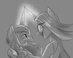 Size: 2500x2000 | Tagged: safe, artist:danny obscure, derpibooru import, izzy moonbow, pony, unicorn, g5, auroricorn, comet (g5), duo, duo male and female, female, grayscale, horn, horns are touching, image, jpeg, male, mare, monochrome, ship:combow, shipping, stallion, straight, unitober 2024