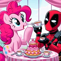 Size: 1024x1024 | Tagged: safe, ai content, derpibooru import, machine learning generated, prompter:bluey2309, pinkie pie, g4, deadpool, female, image, male, marvel, marvel comics, png, tea party, wrong cutie mark