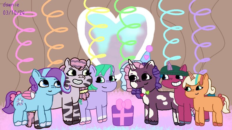 Size: 1280x720 | Tagged: safe, artist:dawnie, derpibooru import, violette rainbow, earth pony, pegasus, pony, unicorn, g5, female, ferris, filly, foal, glory (g5), horn, image, jpeg, party, peach fizz, pippsqueak trio, seashell (g5), skye, unitober 2024