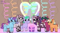 Size: 1280x720 | Tagged: safe, artist:dawnie, derpibooru import, violette rainbow, earth pony, pegasus, pony, unicorn, g5, female, ferris, filly, foal, glory (g5), horn, image, jpeg, party, peach fizz, pippsqueak trio, seashell (g5), skye, unitober 2024