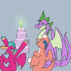 Size: 2000x2000 | Tagged: safe, artist:dandeesaturn, derpibooru import, spike, dragon, g5, blaize skysong, female, gray background, image, jpeg, male, older, older spike, party, simple background, trio, tumble (g5), unitober 2024