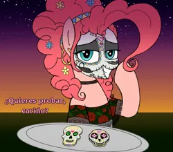 Size: 3000x2643 | Tagged: safe, artist:legendoflink, derpibooru import, pinkie pie, pony, face paint, female, image, latina pinkie pie, looking at you, mare, pinktober, png, solo, spanish, sugar skull