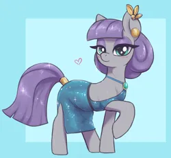 Size: 2370x2180 | Tagged: safe, artist:t72b, derpibooru import, maud pie, earth pony, pony, blushing, clothes, dress, ear piercing, earring, female, gala dress, high res, image, jewelry, looking at you, mare, passepartout, piercing, png, raised hoof, simple background, smiling, solo, tail, tail wrap, when she smiles