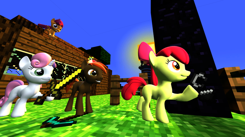 Size: 3200x1800 | Tagged: safe, artist:sprunk4law, derpibooru import, apple bloom, button mash, scootaloo, sweetie belle, earth pony, pegasus, pony, unicorn, 3d, blocks, cutie mark crusaders, grass, happy, horn, image, minecraft, png, portal, wallpaper