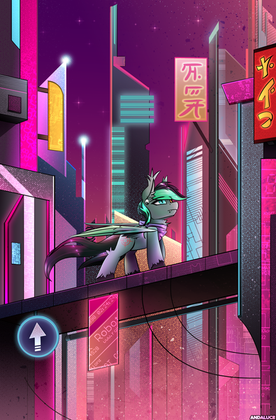 Size: 1800x2734 | Tagged: safe, artist:andaluce, derpibooru import, oc, oc:target strike, bat pony, hybrid, pegasus, pony, bandana, bridge, city, cityscape, cyberpunk, ear fluff, ear piercing, earring, fangs, heterochromia, image, jewelry, night, outdoors, pegabat, piercing, png, skyscraper, solo, unshorn fetlocks, vaporwave, yin-yang