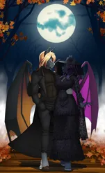 Size: 2300x3800 | Tagged: safe, artist:chacrawarrior, derpibooru import, oc, oc:indigo rose, oc:rege liliac, unofficial characters only, anthro, bat pony, unguligrade anthro, anthro oc, arm around back, autumn, bat pony oc, bat wings, big breasts, black veil, breasts, busty oc, clothes, coat, commission, couple, digital art, dress, fangs, female, forest, full moon, gift art, hat, image, leaf, leaves, lipstick, looking at each other, looking at someone, male, milf, moon, nature, night, night sky, oc x oc, png, shipping, sky, slit pupils, smiling, stallion, straight, stroll, sweater, tree, veil, walking, wings