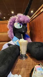 Size: 2252x4000 | Tagged: safe, artist:lanacraft, derpibooru import, nightmare moon, pony, 4chan cup scarf, clothes, denny's, drink, eyeshadow, female, image, irl, jpeg, makeup, mare, milkshake, photo, plushie, scarf