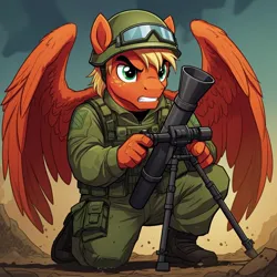 Size: 1024x1024 | Tagged: safe, ai content, derpibooru import, generator:google imagen 3.0, machine learning generated, prompter:zerowinger, short fuse, anthro, pegasus, plantigrade anthro, clothes, cosplay, costume, g.i. joe, gritted teeth, helmet, image, jpeg, male, military uniform, mortar, short-fuze, solo, teeth, uniform