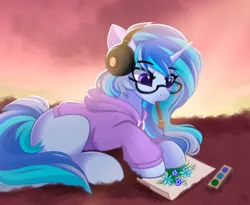 Size: 2418x1986 | Tagged: safe, artist:janelearts, derpibooru import, oc, oc:pillow, unofficial characters only, pony, unicorn, art, clothes, cute, cutie, glasses, headphones, hoodie, horn, image, painting, png, solo