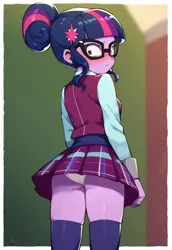 Size: 704x1024 | Tagged: suggestive, ai content, derpibooru import, machine learning generated, sci-twi, twilight sparkle, equestria girls, g4, blushing, breasts, butt, clothes, female, glasses, image, jpeg, legs, looking at you, looking back, miniskirt, panties, panty shot, school uniform, skirt, socks, thigh highs, thighs, underwear, upskirt, white underwear