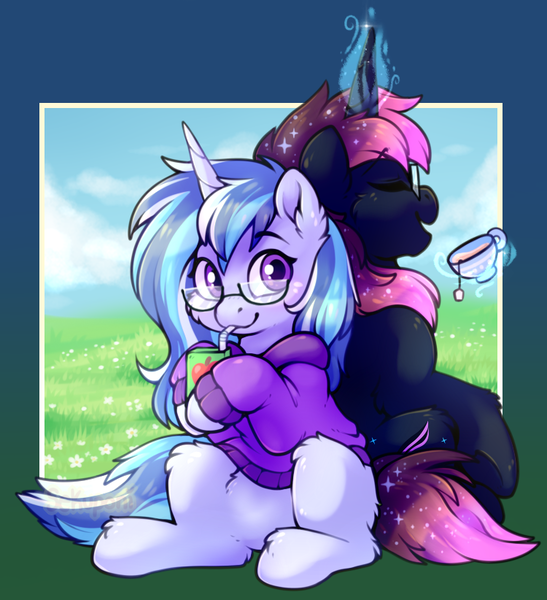 Size: 750x822 | Tagged: safe, artist:sekuponi, derpibooru import, oc, oc:osiris eclipse, oc:pillow, unofficial characters only, pony, unicorn, apple juice, clothes, cute, date, drink, drinking, drinking straw, ear fluff, fluffy, food, glasses, hoodie, horn, image, juice, magic, png, tea