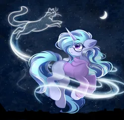 Size: 2626x2533 | Tagged: safe, artist:janelearts, derpibooru import, oc, oc:pillow, unofficial characters only, pony, unicorn, clothes, epic, glasses, hoodie, horn, image, magic, majestic, majestic as fuck, night, patronus, png, solo