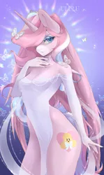 Size: 1223x2048 | Tagged: suggestive, artist:u_lu_lu, ponerpics import, oc, unofficial characters only, anthro, clothes, dress, evening gloves, female, gloves, image, jpeg, long gloves, looking at you, solo