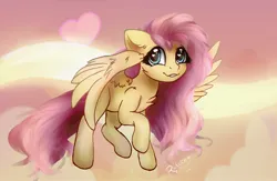 Size: 2000x1300 | Tagged: safe, artist:radioaxi, derpibooru import, fluttershy, pegasus, pony, g4, chest fluff, cloud, cute, ear fluff, female, flying, heart, heart eyes, image, jpeg, looking at you, mare, outdoors, shyabetes, sky, smiling, smiling at you, solo, spread wings, wingding eyes, wings