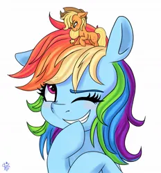 Size: 1085x1167 | Tagged: safe, artist:galaxy swirl, derpibooru import, applejack, rainbow dash, earth pony, pegasus, pony, g4, appledash, applejack's hat, appletini, blushing, cowboy hat, duo, duo female, female, freckles, hat, image, jpeg, laughing, lesbian, mare, micro, one eye closed, shipping, signature, smiling