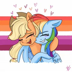 Size: 2048x2048 | Tagged: safe, artist:galaxy swirl, derpibooru import, applejack, rainbow dash, earth pony, pegasus, pony, g4, appledash, applejack's hat, blushing, cowboy hat, duo, duo female, eyes closed, female, freckles, hat, heart, high res, hug, image, jpeg, lesbian, lesbian pride flag, mare, open mouth, open smile, pride, pride flag, shipping, signature, smiling, winghug, wings