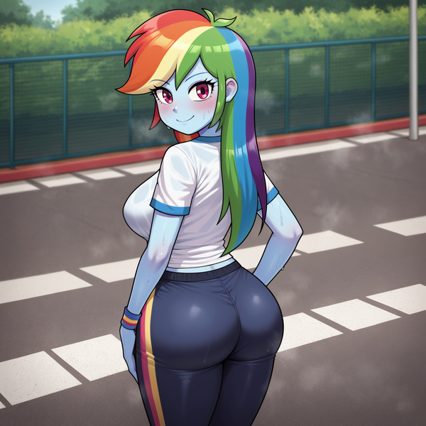 Size: 1536x1536 | Tagged: suggestive, ai content, derpibooru import, machine learning generated, prompter:funnyglow144, stable diffusion, rainbow dash, human, equestria girls, g4, ass, blushing, breasts, butt, butt focus, clothes, female, generator:pony diffusion v6 xl, image, large butt, looking at you, looking back, looking back at you, low angle, nudity, outdoors, pants, playground, png, rainbutt dash, sexy, shirt, smiling, solo, solo female, sweatpants, t-shirt, the ass was fat, underwear, vulva